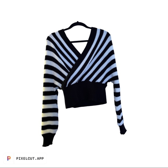Modern And Flattering Black & White Striped Faux Wrap Sweater - Picture 1 of 1